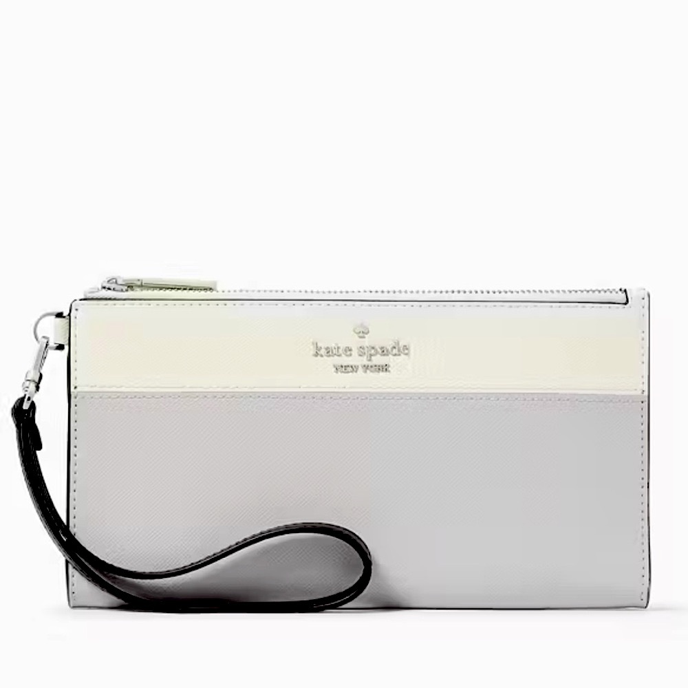 Kate Spade Madison double zip wristlet purse light platinum gray ivory $169 new